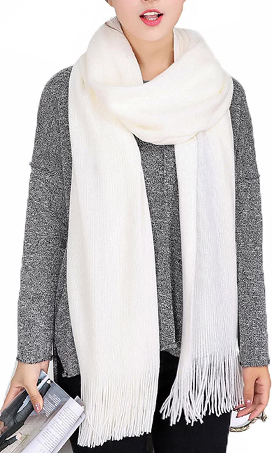 Wander Agio Women's Warm Long Scarves Winter Scarfs Pure Color Scarf Tassel