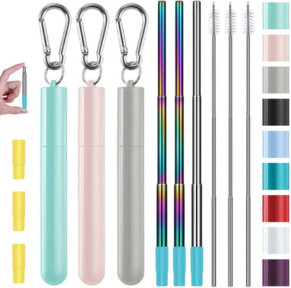 3 Pack Stainless Steel Reusable Collapsible Straws with Plastic Case and Long Cleaning Brush