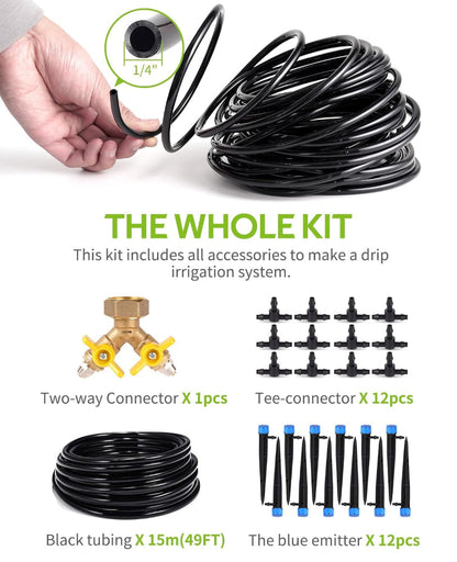 50ft Drip Irrigation Kit – DIY Automatic Plant Watering System – 8x5mm Distribution Tubing – Garden, Greenhouse, Flower Bed & Lawn Use