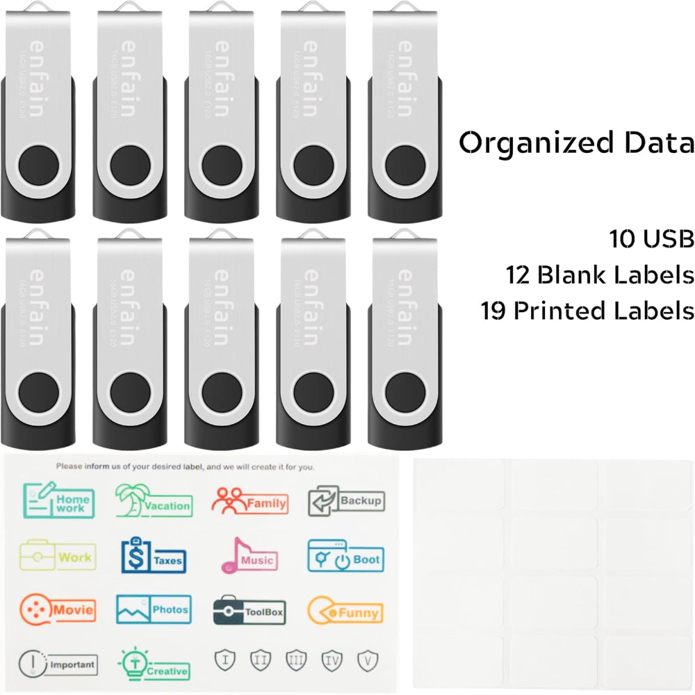 10-Pack USB Flash Drives – 128MB Storage Use – Swivel Cap Design with Labels – Bulk Thumb Drives for Small File Storage