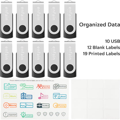 10-Pack USB Flash Drives – 128MB Storage Use – Swivel Cap Design with Labels – Bulk Thumb Drives for Small File Storage