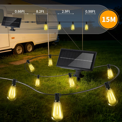 50FT Solar String Lights – Outdoor Waterproof Patio Lights with Remote Dimmable USB Recharge