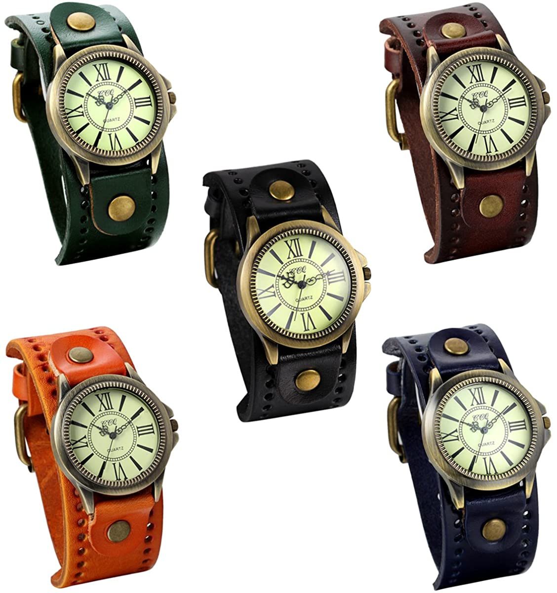 JewelryWe Vintage Wrist Watch Wide Leather Strap Band Cuff Quartz Watches for Men Women, for Valentine’s Day