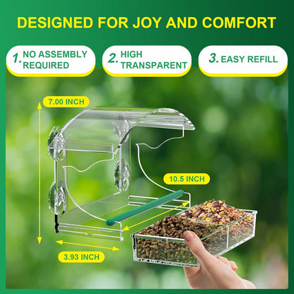 Clear Acrylic Window Bird Feeder – Suction Cup Mount, Detachable Seed Tray, Outdoor Viewing