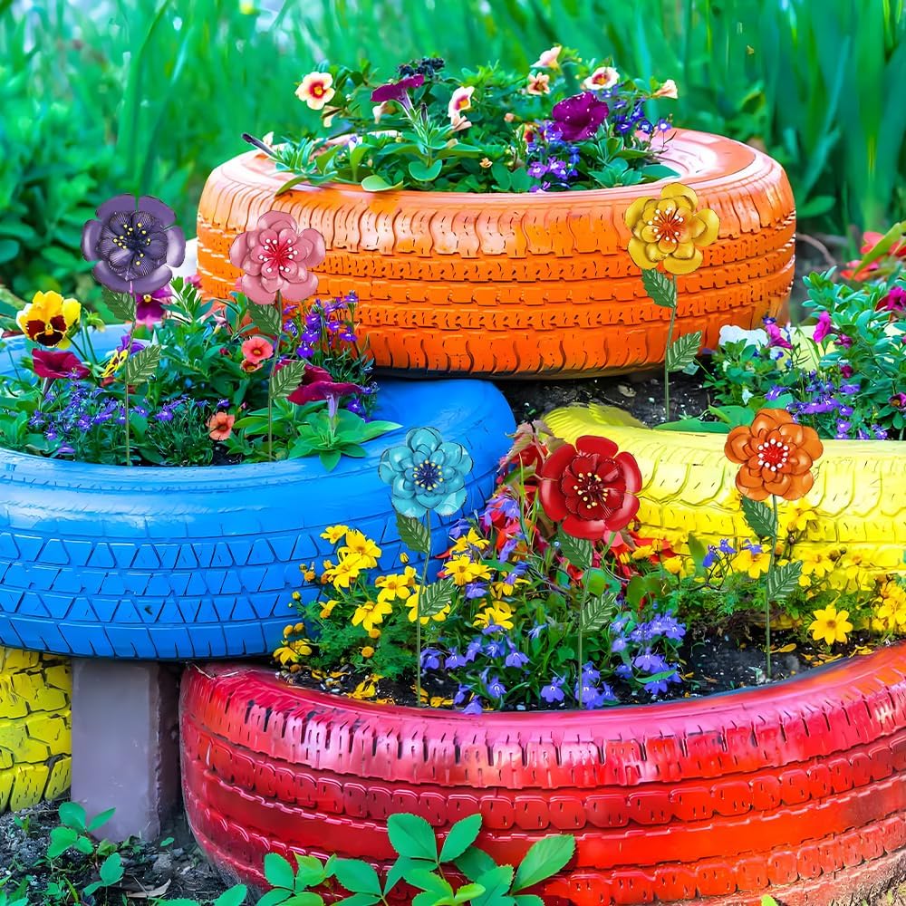 6-Pack Metal Flower Garden Stakes – Outdoor Yard Decor for Lawn Patio Pathway Spring