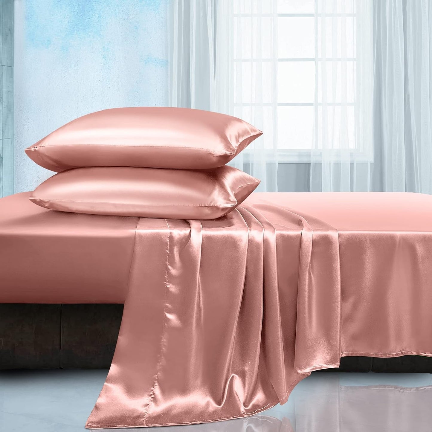 Soft Silky Satin Sheets Set, Luxury Bedding Sheet Set(1 Satin Fitted Sheet, 1 Satin Flat Sheet, 2 Satin Pillow Cases(Twin/1Pillow Case)