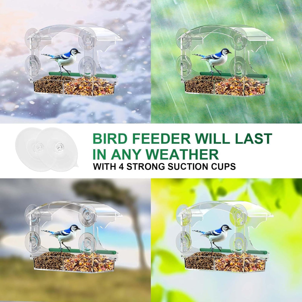 Clear Acrylic Window Bird Feeder – Suction Cup Mount, Detachable Seed Tray, Outdoor Viewing