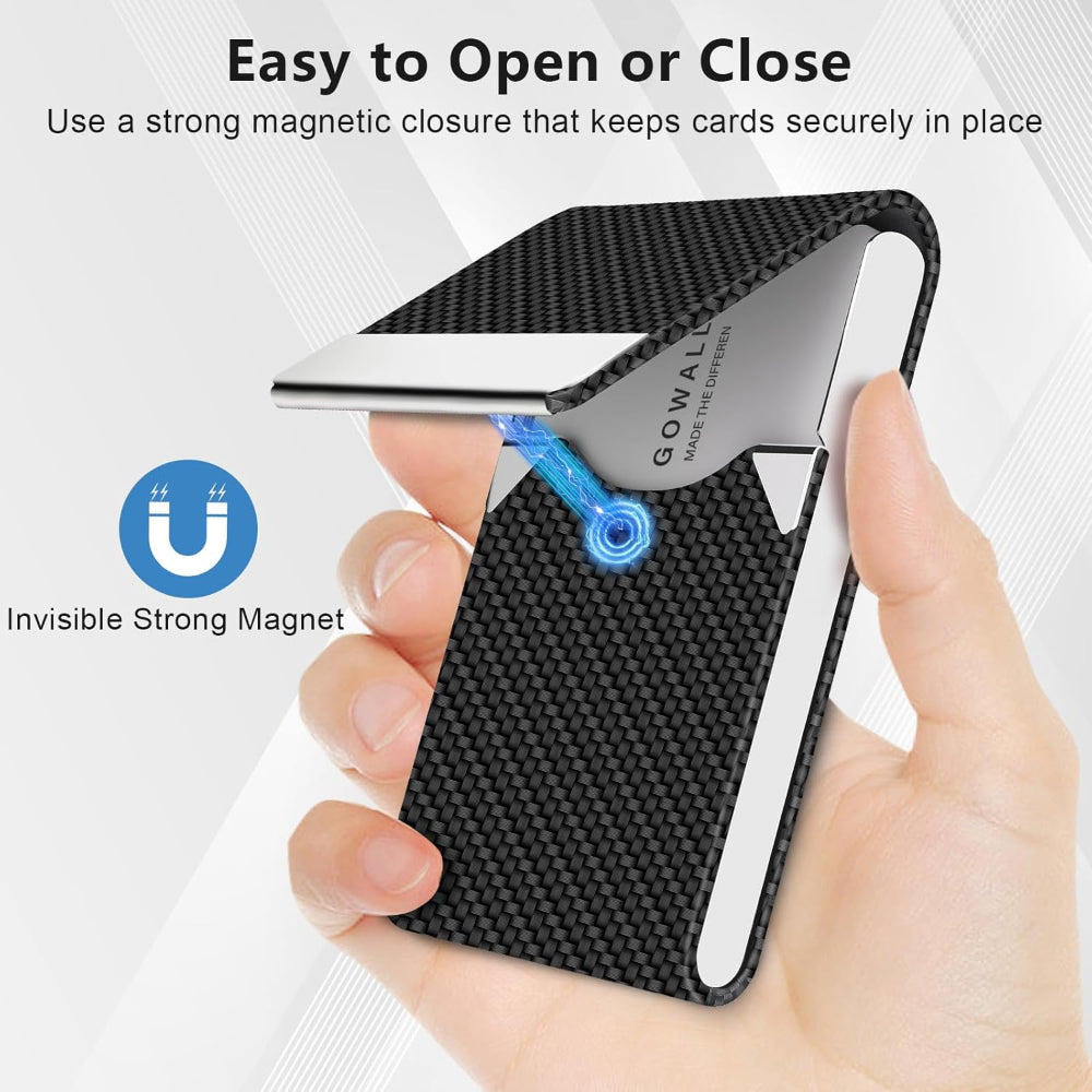 Slim Business Card Holder – Magnetic Closure Use – Black Carbon Metal & PU – RFID Blocking for Credit & Business Cards – Pocket or Bag Storage, 3.7 x 2.3 Inches