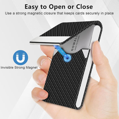 Slim Business Card Holder – Magnetic Closure Use – Black Carbon Metal & PU – RFID Blocking for Credit & Business Cards – Pocket or Bag Storage, 3.7 x 2.3 Inches