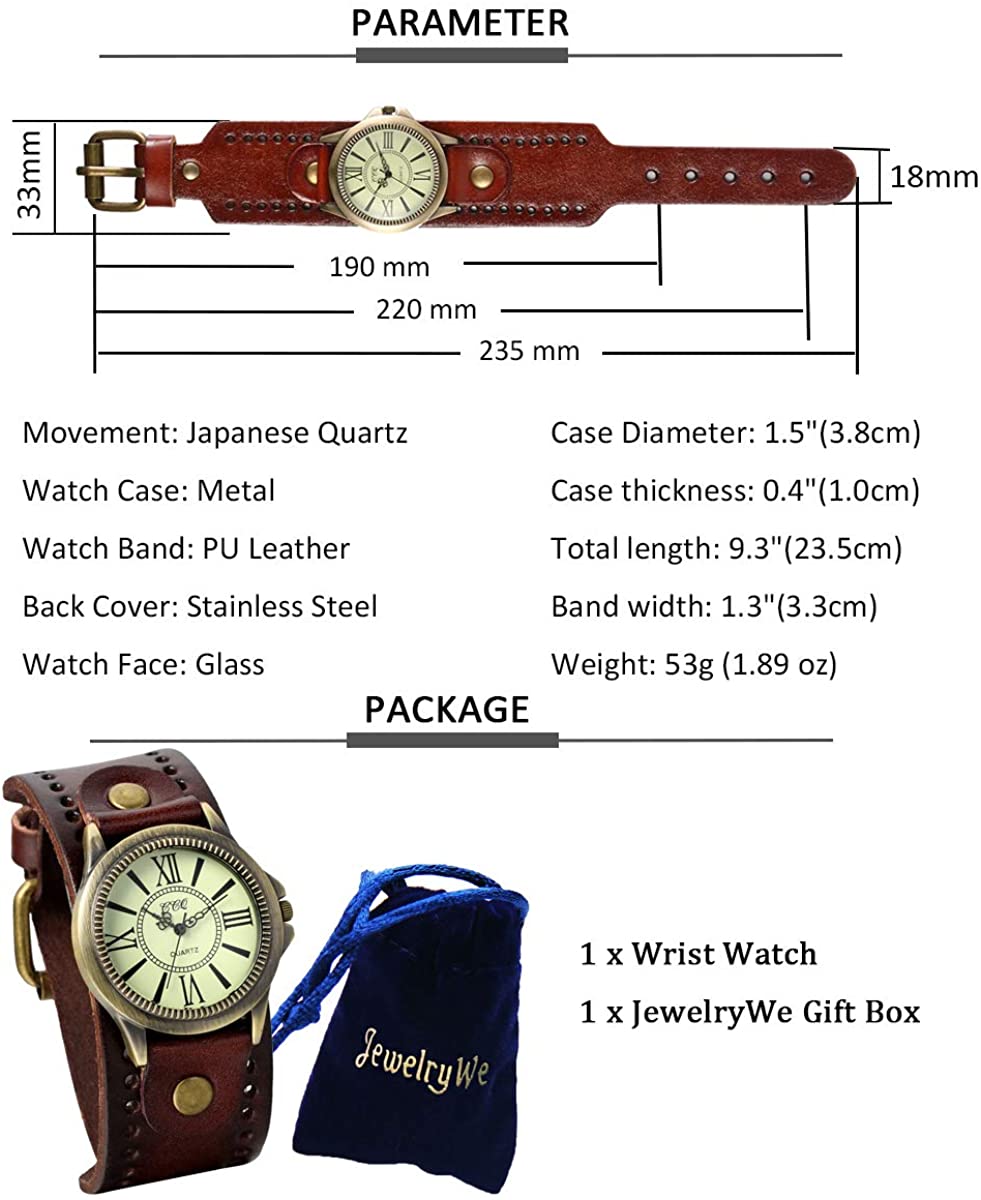 JewelryWe Vintage Wrist Watch Wide Leather Strap Band Cuff Quartz Watches for Men Women, for Valentine’s Day