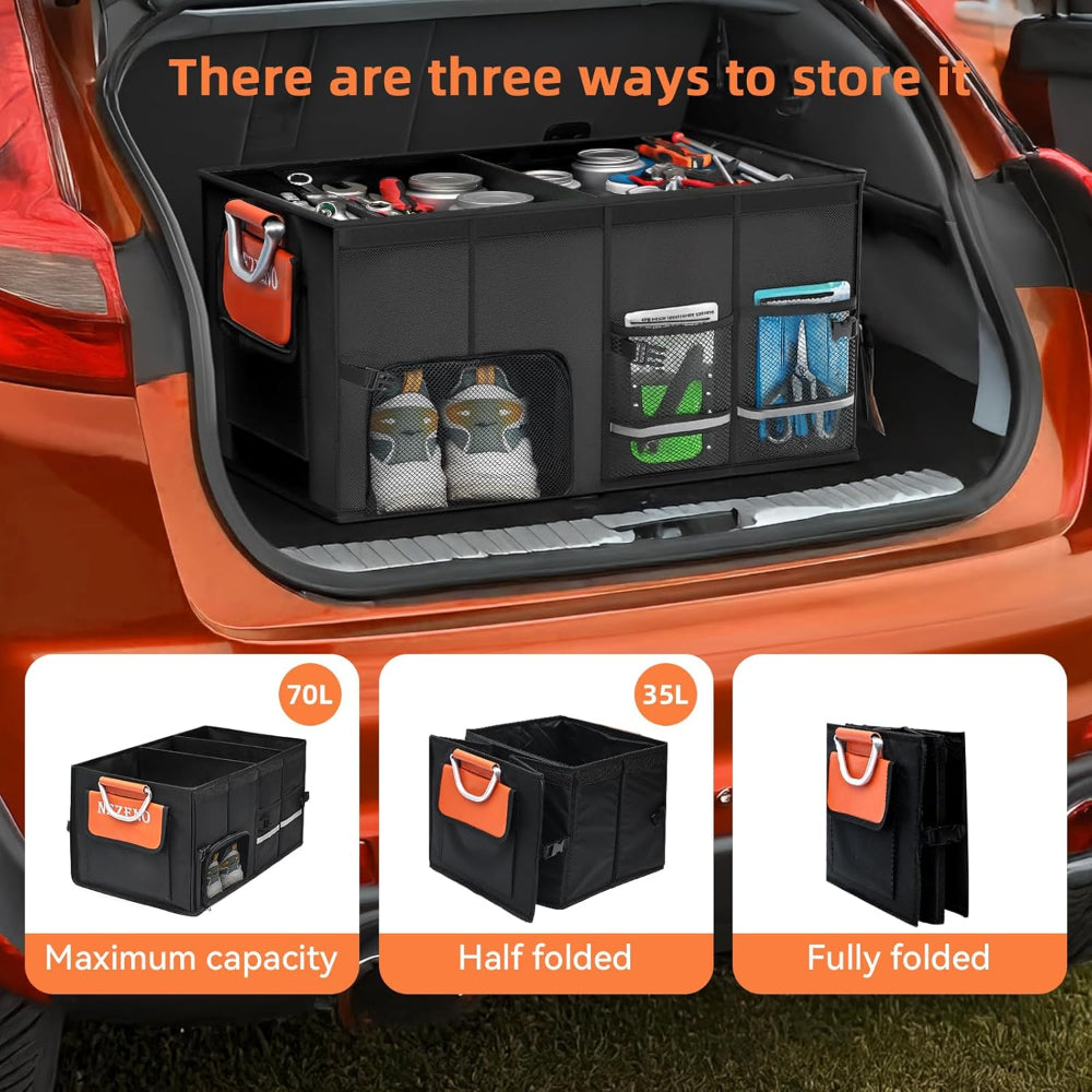 Car Trunk Organizer – Collapsible Storage with Multiple Compartments, Aluminum Alloy Handle & Lid for SUV & Truck