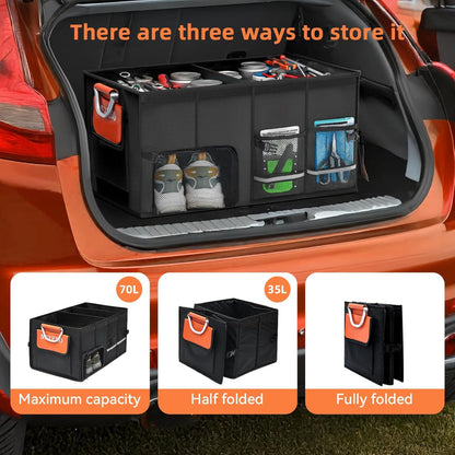 Car Trunk Organizer – Collapsible Storage with Multiple Compartments, Aluminum Alloy Handle & Lid for SUV & Truck