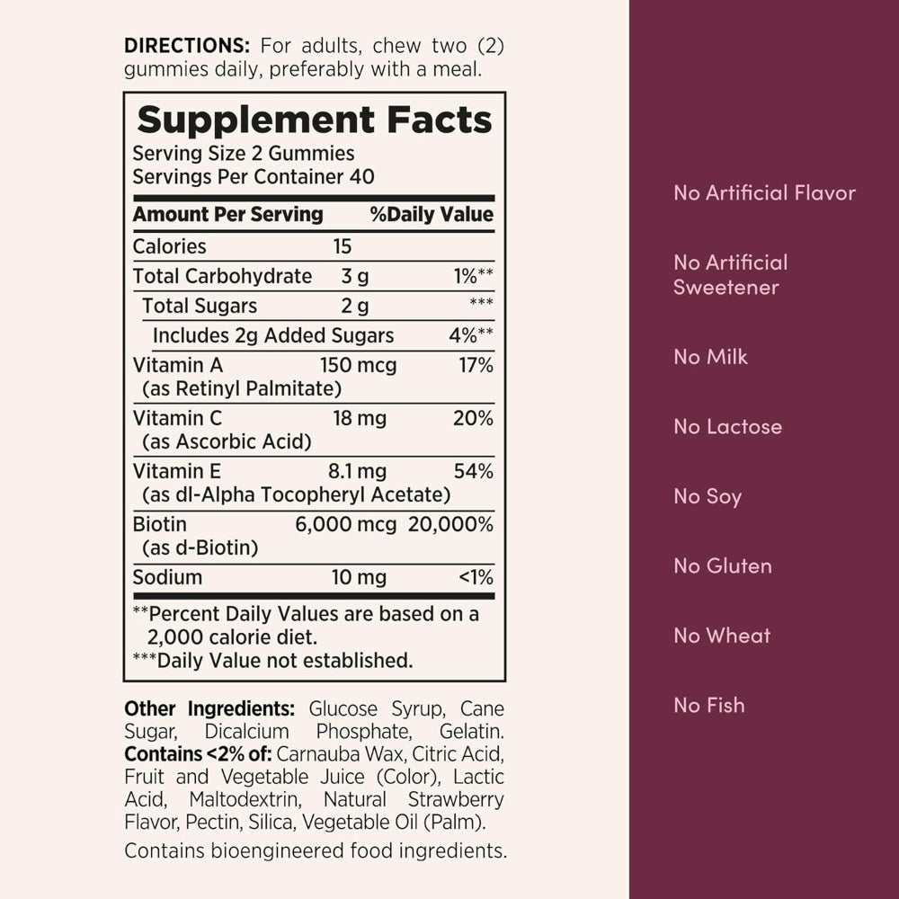 80-Count Hair, Skin & Nails Vitamin Gummies – Biotin 2500 mcg, Strawberry Flavor, 40 Servings