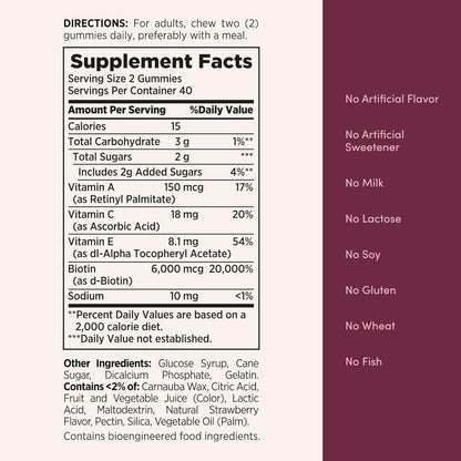 80-Count Hair, Skin & Nails Vitamin Gummies – Biotin 2500 mcg, Strawberry Flavor, 40 Servings