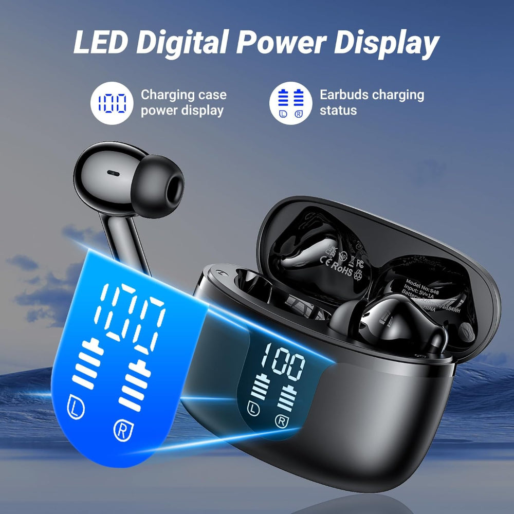 Wireless Bluetooth 5.4 Earbuds – In-Ear Use – HiFi Stereo with 4 ENC Noise-Cancelling Mics – 42H Playback, IPX7 Waterproof & LED Battery Display – Running, Fitness & Office – Black