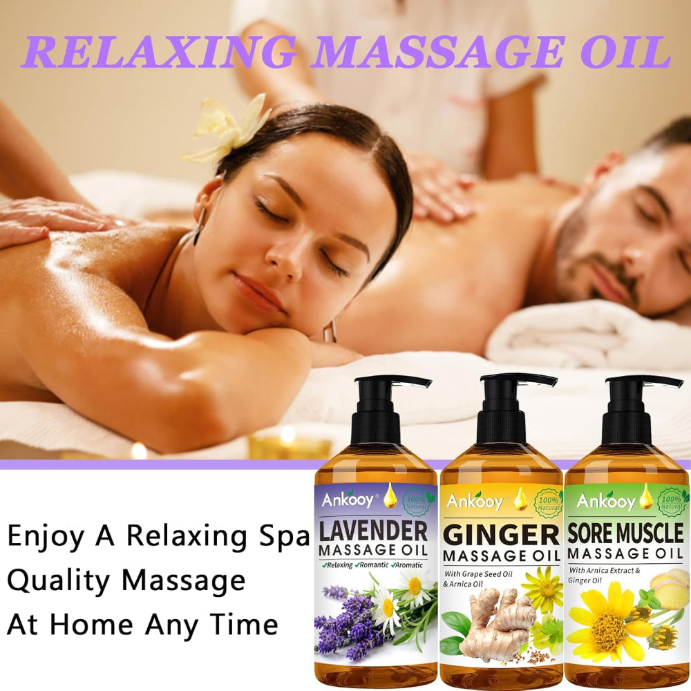 3-Pack Massage Oils with Massage Ball – Sore Muscle Relief Use – Includes Arnica, Lavender & Ginger Oils – Lymphatic Drainage & Relaxation Massage Kit