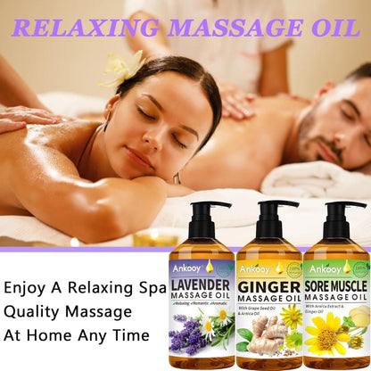 3-Pack Massage Oils with Massage Ball – Sore Muscle Relief Use – Includes Arnica, Lavender & Ginger Oils – Lymphatic Drainage & Relaxation Massage Kit