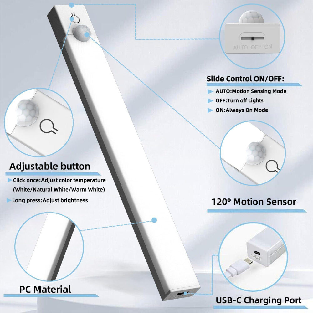 3-Pack Under Cabinet Lights – 8 Inch Motion Sensor LED, Rechargeable Wireless Closet Lighting