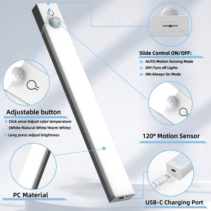 3-Pack Under Cabinet Lights – 8 Inch Motion Sensor LED, Rechargeable Wireless Closet Lighting