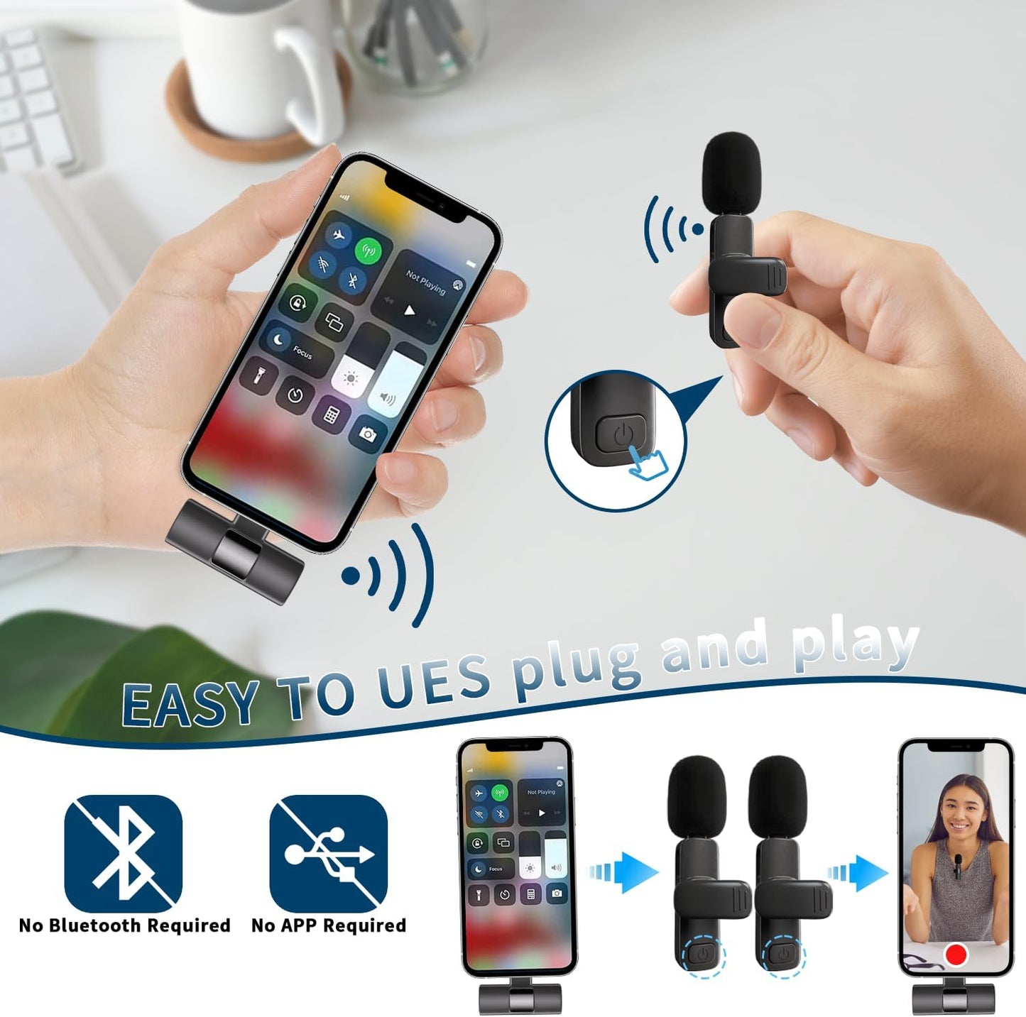 2-Pack Wireless Lavalier Microphone – Omnidirectional Lapel Mic for iPhone iPad Recording