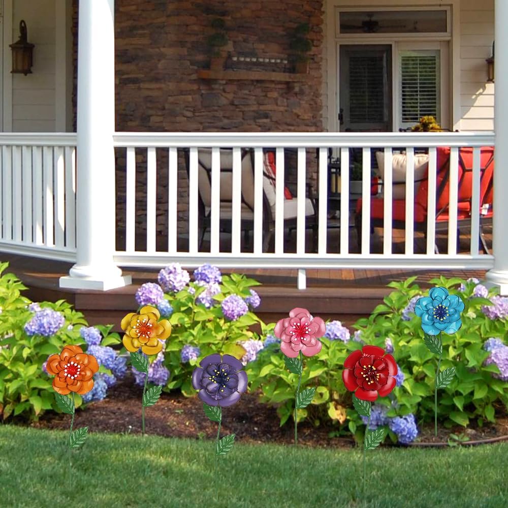 6-Pack Metal Flower Garden Stakes – Outdoor Yard Decor for Lawn Patio Pathway Spring