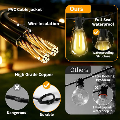 50FT Solar String Lights – Outdoor Waterproof Patio Lights with Remote Dimmable USB Recharge