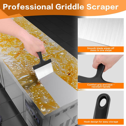 3-in-1 Stainless Steel Grill Scraper – Heavy Duty Griddle Cleaner with Comfort Grip Handle