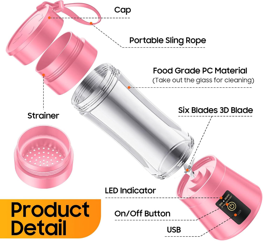 Portable Personal Blender – Smoothies & Shakes Use – Cordless Rechargeable with 6 Blades – 380ml Juice Cup, Lightweight Travel Design