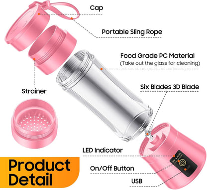 Portable Personal Blender – Smoothies & Shakes Use – Cordless Rechargeable with 6 Blades – 380ml Juice Cup, Lightweight Travel Design