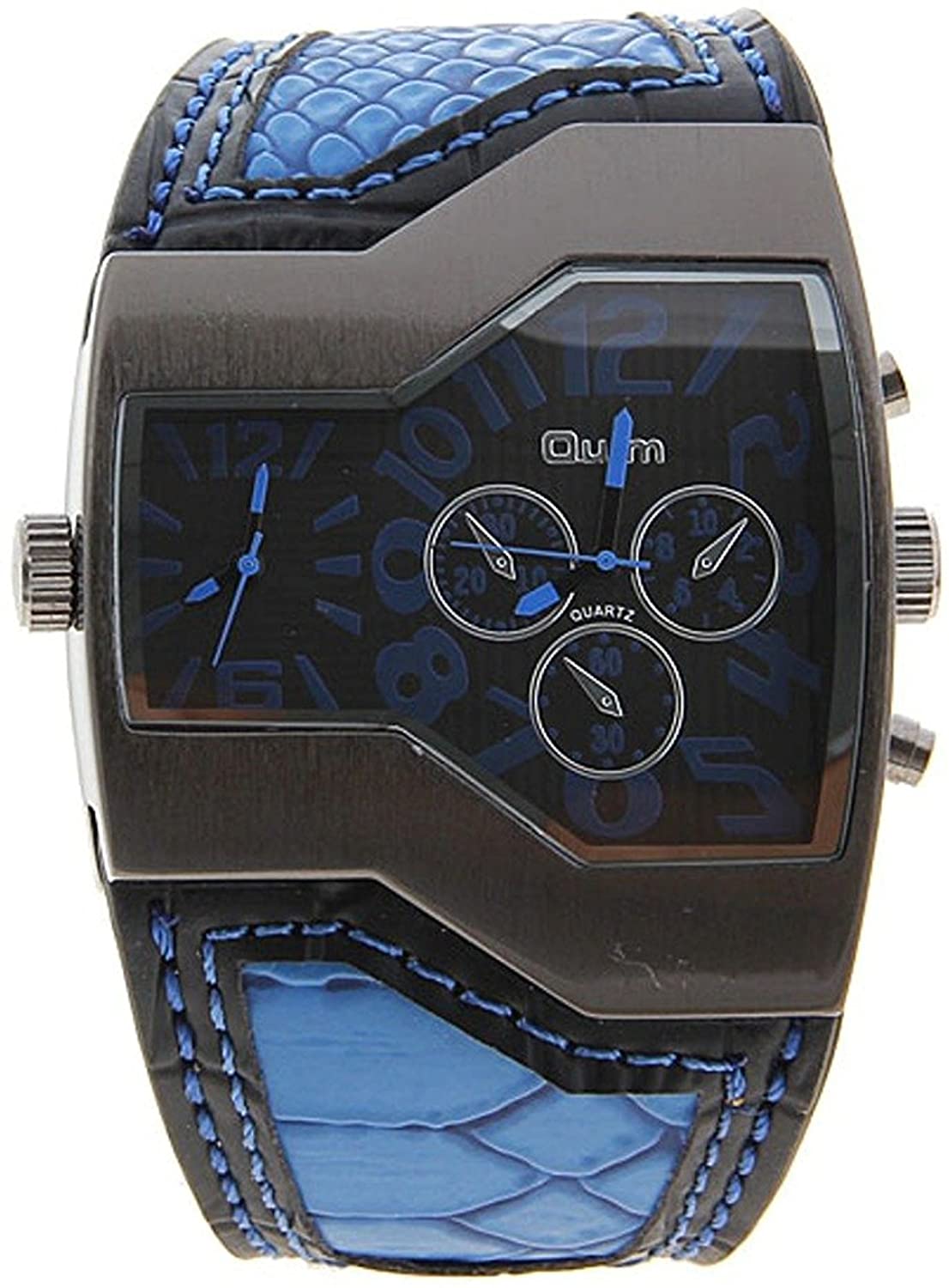 Mens Military Sports Watch Army Dual Time Movt Quartz Wristwatch with Leather Band Decorative Sub-dials