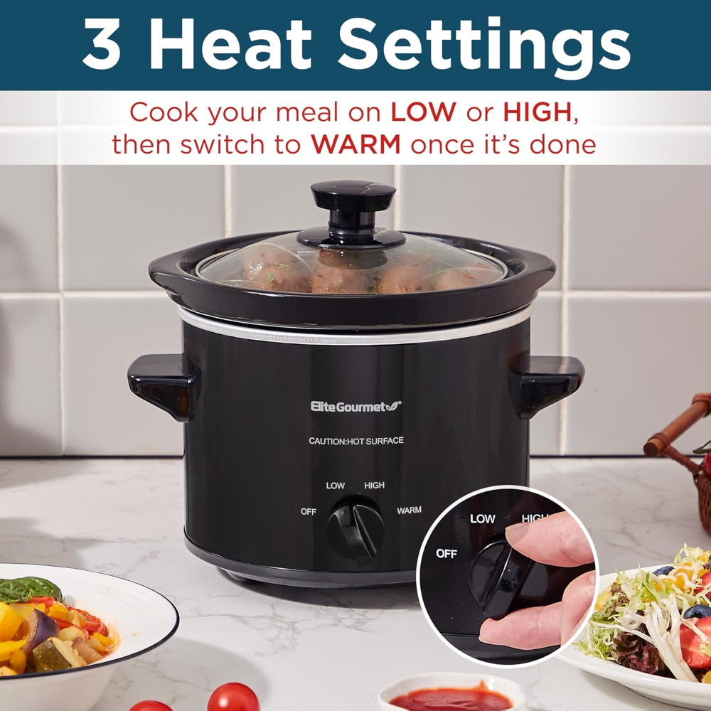 Electric Round Slow Cooker – 2-Quart Use – Adjustable Temperature for Stews, Sauces & Dips – Dishwasher Safe Glass Lid & Crock – Black