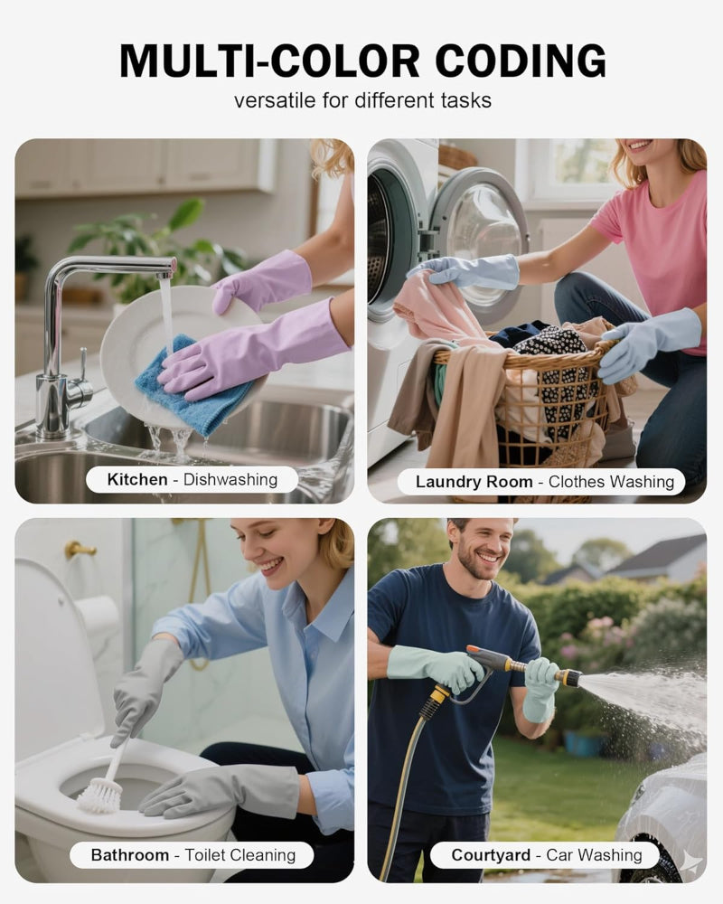 4-Pair Rubber Cleaning Gloves – Reusable Waterproof Kitchen & Bathroom Gloves with Flock Lining, Anti-Slip Grip, Thick Durable Long-Lasting Dishwashing Gloves, Colorful