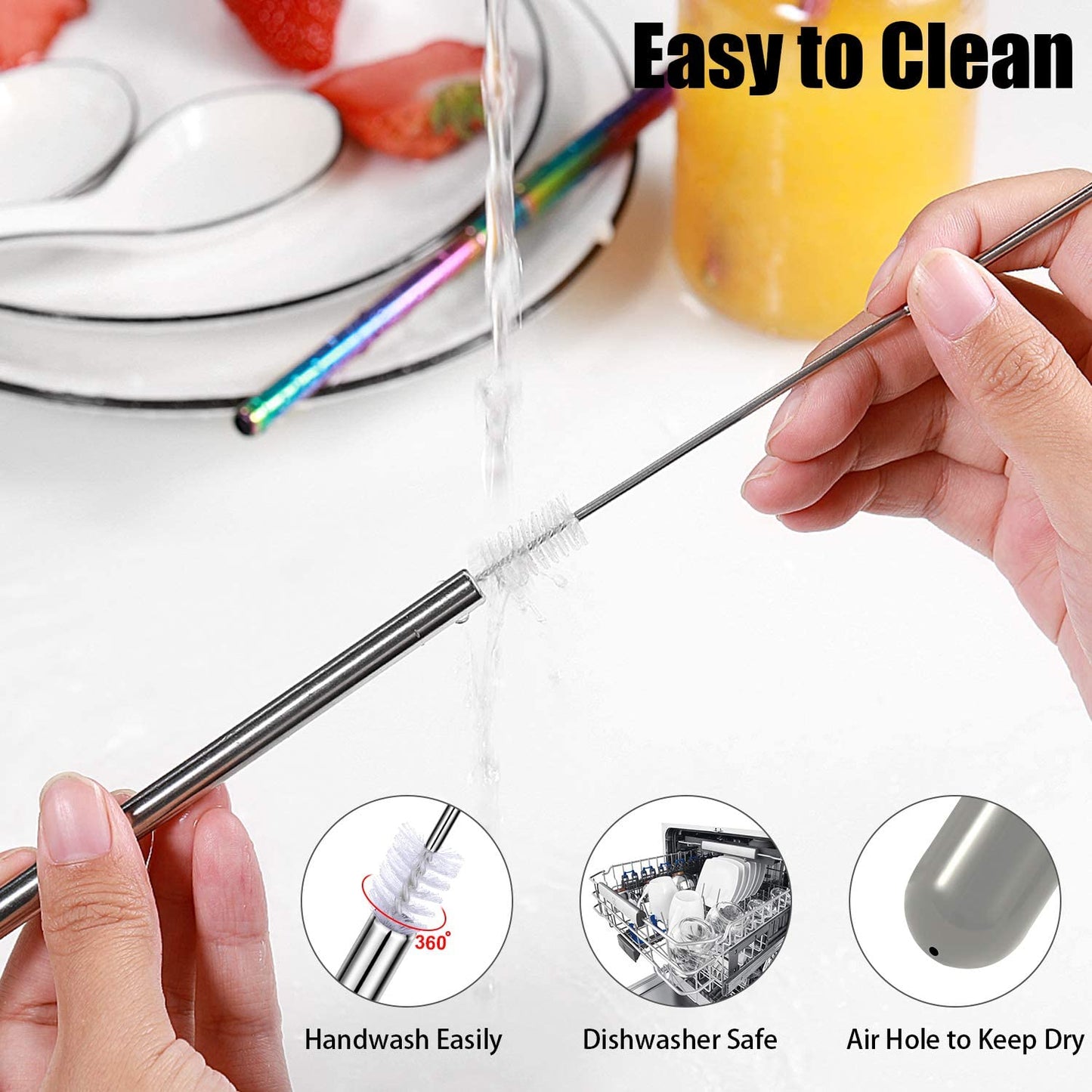 3 Pack Stainless Steel Reusable Collapsible Straws with Plastic Case and Long Cleaning Brush