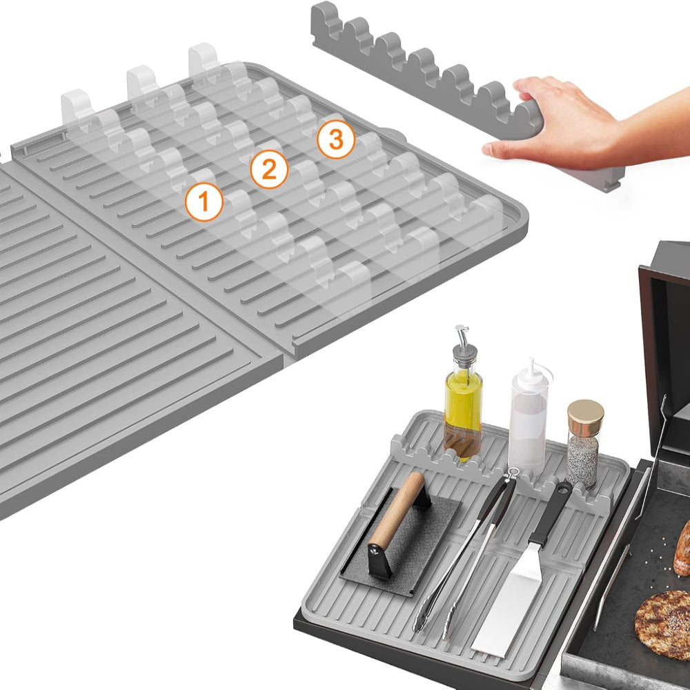 Silicone Grill Mat – Adjustable Slot Design – Griddle Tool & Drip Catch Use – Compatible with Blackstone-Style Griddles – Side Shelf Accessory Mat – Grey