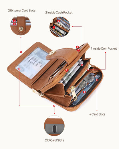 Small Bifold Wallet – RFID Blocking Card Holder – Pocket Carry Use – Zipper Coin Pocket – Leather Material for Women
