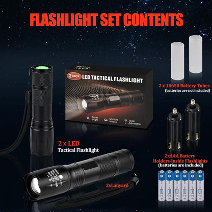 2-Pack Zoomable LED Flashlights – High Lumen Outdoor Use – 5 Light Modes – Battery Included Tactical Torch for Camping, Hiking & Fishing