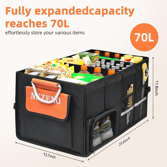 Car Trunk Organizer – Collapsible Storage with Multiple Compartments, Aluminum Alloy Handle & Lid for SUV & Truck