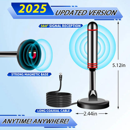 Indoor TV Antenna –  Digital HD Antenna with Strong Magnetic Base – 360° Long-Range Reception for Smart TVs, Local Channels, Easy Setup, No Cable