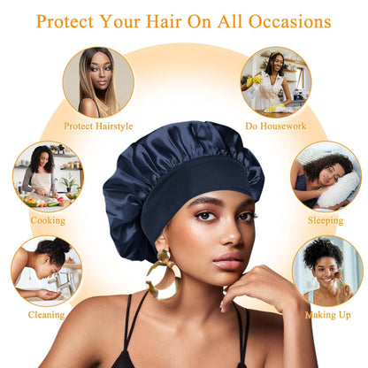3-Pack Silk Sleep Bonnets – Satin Hair Protection Use – Large Soft Band for Curly Hair & Braids – Women’s Nighttime Hair Cap