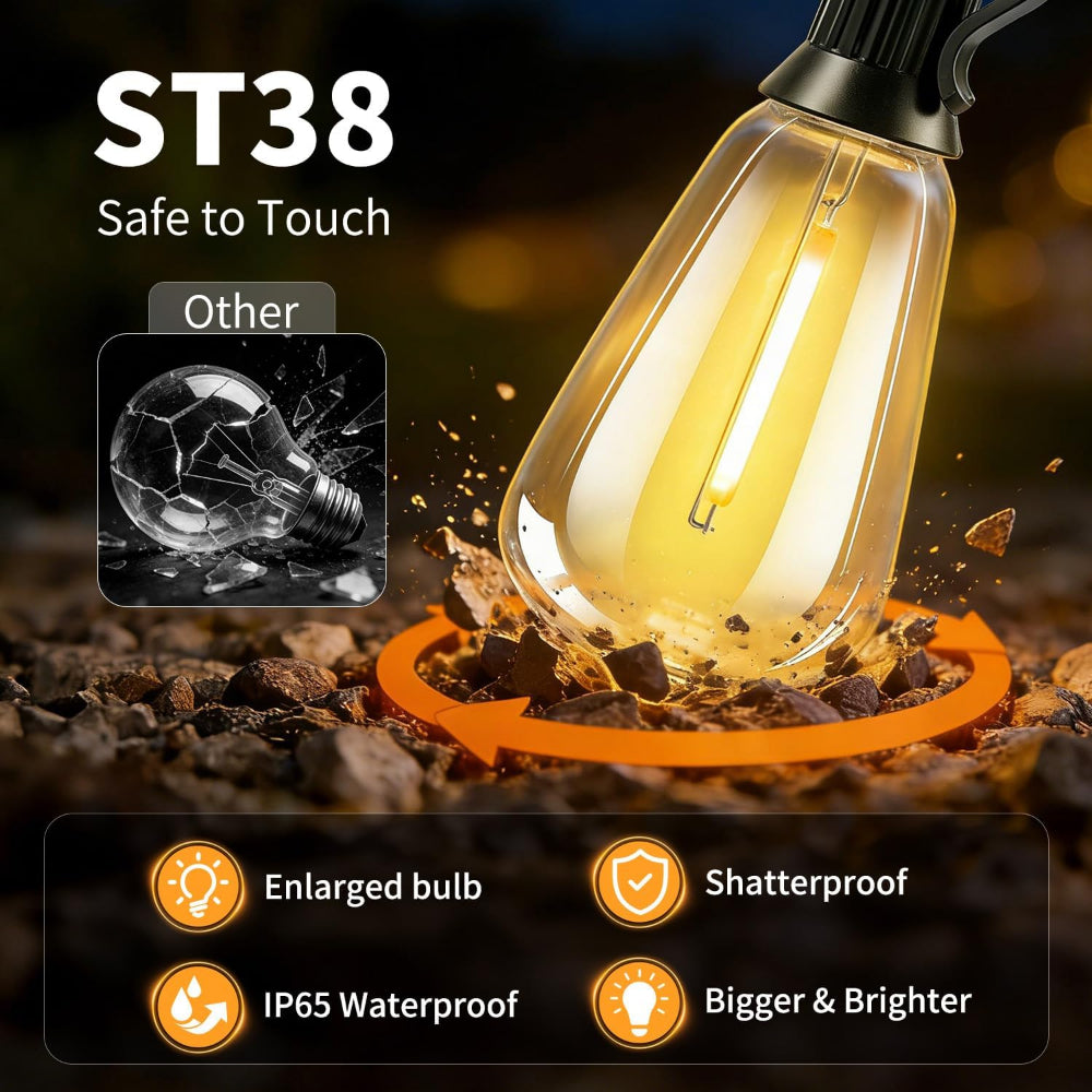 50FT Solar String Lights – Outdoor Waterproof Patio Lights with Remote Dimmable USB Recharge