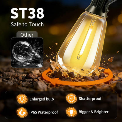 50FT Solar String Lights – Outdoor Waterproof Patio Lights with Remote Dimmable USB Recharge