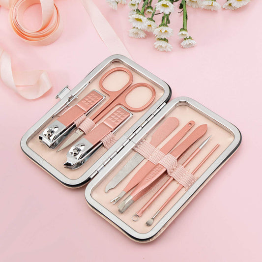 8-in-1 Manicure & Pedicure Set – Professional Stainless Steel Nail Grooming Tools – Includes Nail Scissors & Accessories – Pink Leather Travel Case