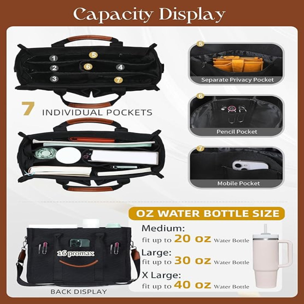Canvas Tote Bag – Zipper Closure Work & College Organizer Handbag with Compartments