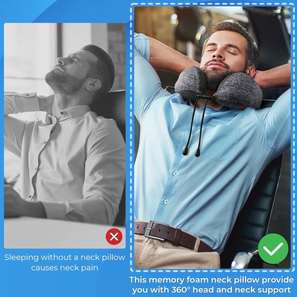 Memory Foam Travel Neck Pillow – Removable Cover with Adjustable Clasp, Sleep Pillow Set with Eye Mask, Earplugs & Storage Bag for Airplane