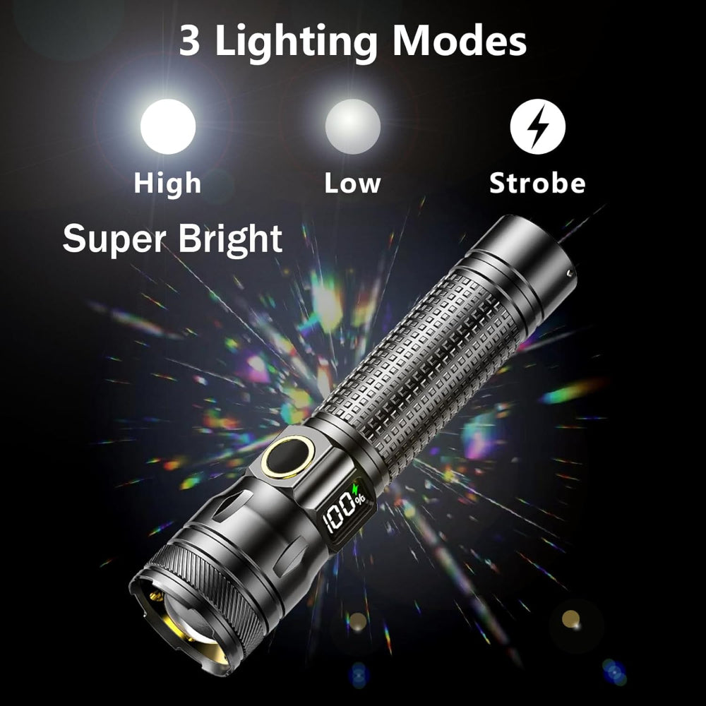 Rechargeable LED Flashlight – High Lumen EDC Use – Zoomable Beam with Digital Power Display – USB-C Charging for Home, Outdoor, Camping & Emergency Survival