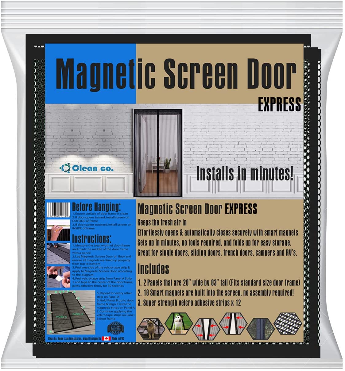 Magnetic Screen Door Retractable Mesh for Standard American 80" x 36" to 82" x 38" Size Doors Pet Net Patio Hands Free Magic Automatic Self Sealing Closing Closure