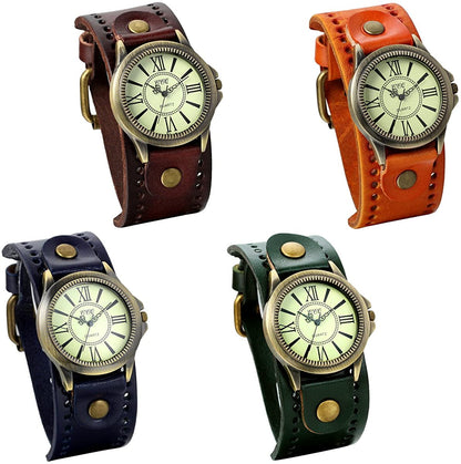 JewelryWe Vintage Wrist Watch Wide Leather Strap Band Cuff Quartz Watches for Men Women, for Valentine’s Day