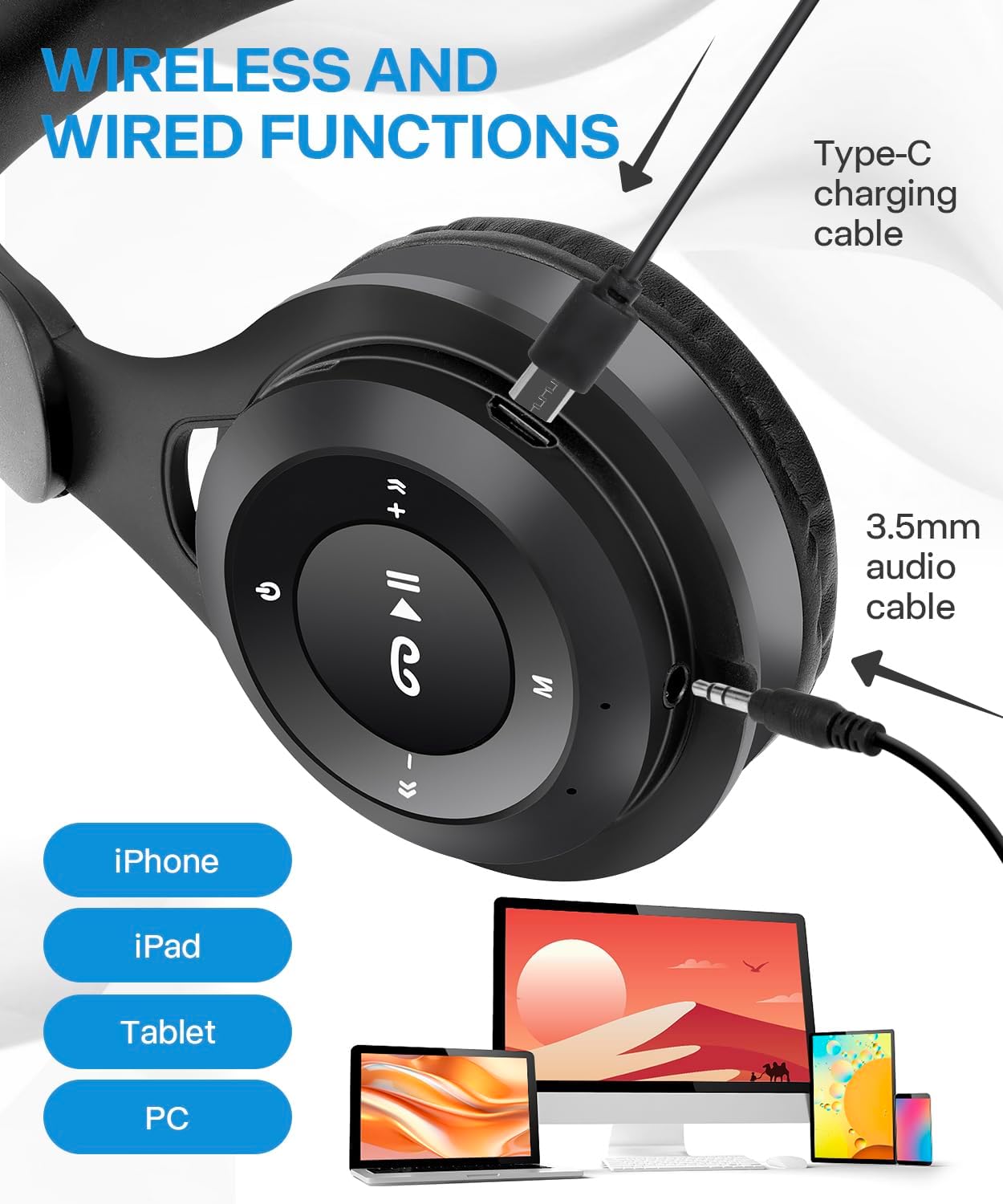 Kids Bluetooth Headphones – Over-Ear Wireless Use – Bluetooth 5.3 with Built-In Mic – Comfortable HD Sound for School, Travel & Tablet
