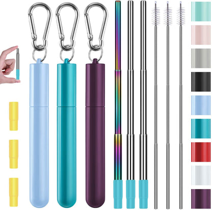 3 Pack Stainless Steel Reusable Collapsible Straws with Plastic Case and Long Cleaning Brush