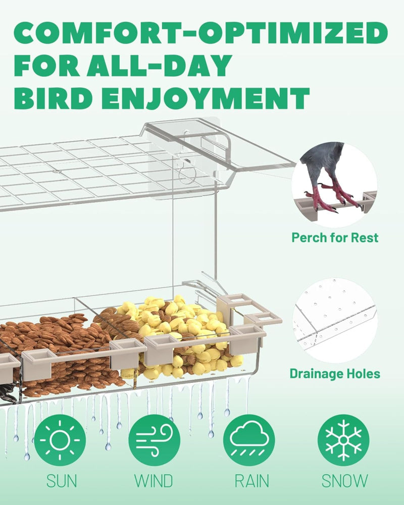 Clear Window Bird Feeder – Outdoor Bird Feeder with 5 Perching Stands, Self-Adhesive Hooks, Drain Holes & Removable Tray, Garden Decor Birdhouse
